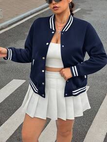 SHEIN EZwear 女款大尺碼秋冬時尚經典棒球夾克 - 藏蓝色 - 查看 6