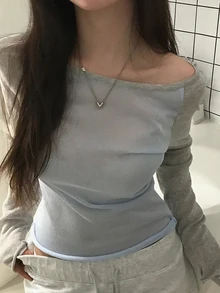 Dazy Plus Plus Size Women Colorblock Asymmetric Shoulder Casual Everyday Long Sleeve Sweater - Baby Blue - View 4