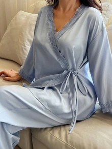 Dazy Plus Casual Minimalist Asymmetric Front Tie Top & Pants 2pcs Set Home Wear Elegant Pajama Outfit - Blue - View 1