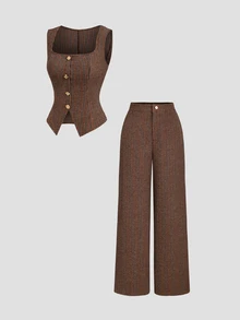 Sweetra Vintage Plaid Square Neck Vest & Wide Leg Pants Set, Retro Brown Small Check Pattern, Crisp Elegant Sleeveless Vest With Exquisite Metal Button Accents, Sophisticated Versatile Outfit For Daily Commute, Date And Outing - Mocha Brown - View 3