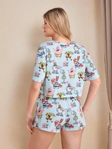 SpongeBob SquarePants | SHEIN Women's Cartoon Print Round Neck Top And Shorts Pajama Set - Blue - View 2