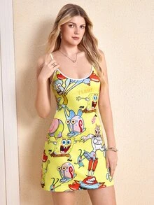 SpongeBob SquarePants | SHEIN Gaun Tali Spageti Kasual Harian Musim Panas Motif Kartun untuk Wanita - Kuning - View 1