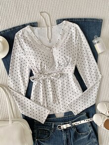 Comfortcana Women's Korean Style Sweet Polka Dot Print Lace Patchwork Long Sleeve T-Shirt Casual Blouses 2000s Style Work Tops - Black and White - View 6