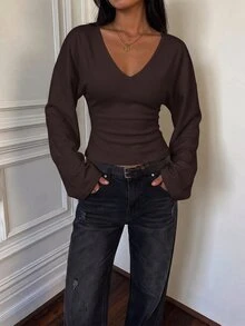 SHEIN Tall 女款簡約百搭純色長袖上衣，適合日常穿著 - 棕色 - 查看 5