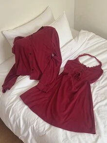 DAZY Enfärgat pyjamasset med camisoleklänning och morgonrock med spetskant - Bourgogne - Visa 6