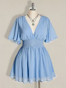 SHEIN ICON 大尺碼荷葉袖V領收腰A字洋裝，適合海灘度假、波希米亞風、嬉皮風、Y2K，適用夏季、夏季假期、情人節、優雅約會洋裝 - 淺藍色 - 查看 5