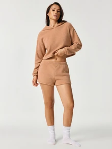 SHAPORA Women's Autumn/Winter Fashion Minimalist Comfortable Khaki Half-Fleece Short Sweatshirt & Ultra Shorts Loungewear 2pcs Set - Khaki - View 3