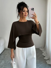 GlowEve 女款純色圓領七分袖抓皺時尚T恤 - 咖啡棕 - 查看 6