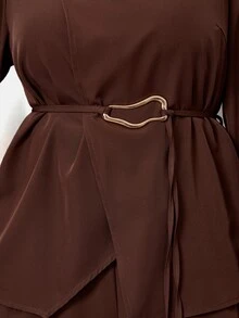 Enliva Plus Size Women's Two Pieces Pants Set Long Sleeve Belted Top Wide Leg Pants Elegant Outfit Flattering Compatible With Apple Shape Fall - Brown - View 9