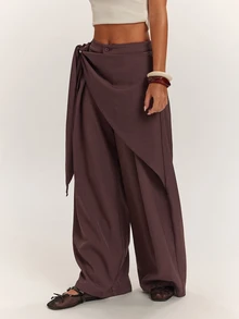 SHEIN BAE Fall Clothes For Women's Loose Solid Color Knot Asymmetric Design Casual Long Pants - Coffee Brown - View 4
