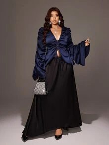 Viva Relle Plus-Size Sexy Bow Navy Blue Shirt - Navy Blue - View 3