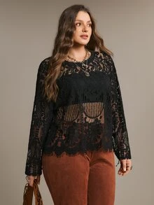 Freevana Plus Size Women Fashion Party Lace Long Sleeve Blouse - Black - View 8