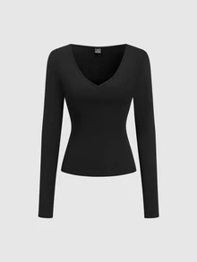 Flirla 2PCS Women Solid Round Neck Thermal Lined T-Shirts Everyday House White Black Casual Basic Office Winter - Multicolor - View 4