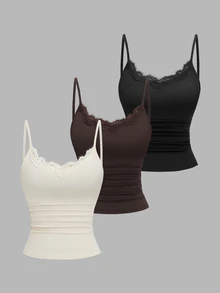 Sweetra Women's Solid Color Lace Trim Neckline Casual Everyday Versatile Camisole Top - Multicolor - View 1