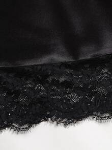 SHEIN PETITE Women's Black Elegant Casual Minimalist Commute Asymmetrical Hem Lace Trim Patchwork Skirt - Black - View 3