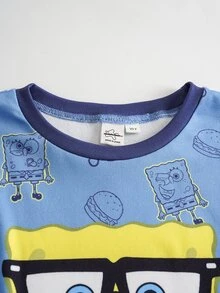 SpongeBob SquarePants | SHEIN 大童男孩卡通印花短袖上衣與長褲休閒日常居家睡衣套裝 - 藍色 - 查看 3