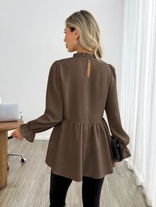 Easowa Women's Solid Color Pleated Casual Daily Long Sleeve Shirt - Brown - View 4
