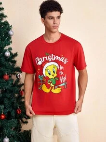 LOONEY TUNES X SHEIN Men's Cartoon Print Short Sleeve Crew Neck T-Shirt - Red - View 3