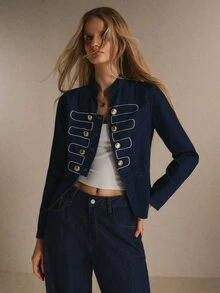 Poéselle Women's Fitted Double Breasted Denim Jacket With Gold Buttons And Contrast Piping, Elegant Tailored - Dark Wash - View 4