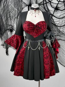 Whyspr Plus Size Black & Red Heart Lace Twist Knot Flare Sleeve A-Line Short Dress, Gothic Contrast Patchwork Waist-Cinched Slimming Dress - Black - View 1