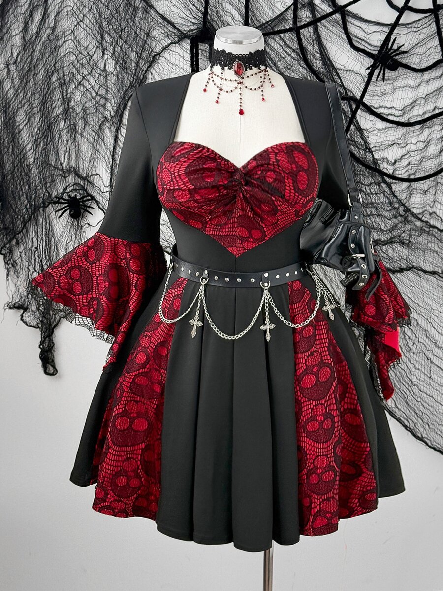 Whyspr Plus Size Black & Red Heart Lace Twist Knot Flare Sleeve A-Line Short Dress, Gothic Contrast Patchwork Waist-Cinched Slimming Dress - Black - View 1