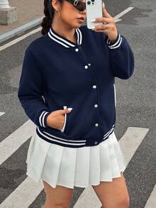 SHEIN EZwear 女款大尺碼秋冬時尚經典棒球夾克 - 藏蓝色 - 查看 3