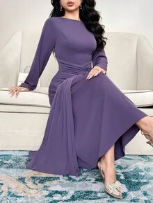 Feyla New Design Waist Pleated Ruched Slimming Elegant Elegant Daily Commute Party Dress - Purple - View 3