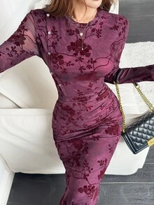 Feyla Gaun Wanita Elegan High-End Desain Baru Cheongsam Modifikasi Motif Cetak Flocked Vintage - Burgundy - View 6