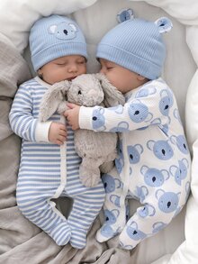 2pcs Set Newborn Long Sleeve Footed Rompers Cute Cartoon Animal Ribbed Print Baby Bodysuits Soft Ribbed Fabric Skin-Friendly Cozy All Season Crawl Suits - Multicolor - View 6