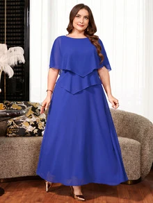 Reflora Plus Size Women Solid Color Casual Party Dress - Royal Blue - View 4
