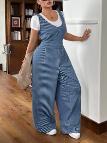 Rivivi Summer New Sexy Loose Print Striped Plus Size Denim Jumpsuit - Blue - View 1