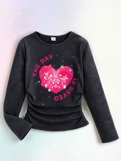 THE POWERPUFF GIRLS X SHEIN Tween Girl Slim Fit Casual Y2K Print Knit Solid Color Crew Neck Ruched Versatile Long Sleeve Black T-Shirt Suitable For Back To School, Indoor, Daily, Sports, Photography, Holidays, Birthdays, Autumn/Winter