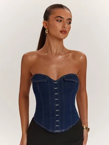 SHEIN BAE Women's Denim Bandeau Sleeveless Asymmetrical Hem Bustier - Blue - View 5