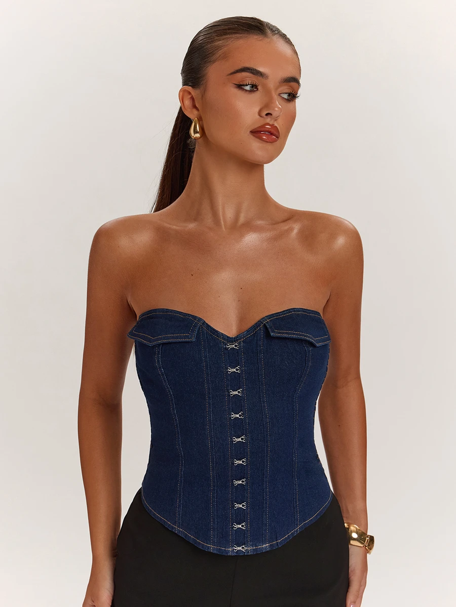 SHEIN BAE Women's Denim Bandeau Sleeveless Asymmetrical Hem Bustier - Blue - View 1