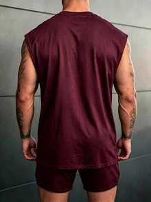 GymBeat 男士蜘蛛圖案圓領無袖運動休閒背心 - 酒紅色 - 查看 2