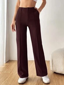 SHEIN EZwear 女款純色直筒西裝長褲 秋冬款 - 酒紅色 - 查看 1