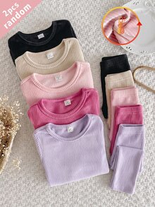 5pcs Randomly Sent 2pcs Autumn/Winter Girls Soft Comfortable Double-Sided Vertical Striped Fleece Pink Deep Pink Khaki Purple Black Multi-Color Randomly Sent Soft Comfortable Simple Long Sleeve Tops 2pcs Set Can Be Worn As Inner Layer Or Outerwear - Multicolor - View 1