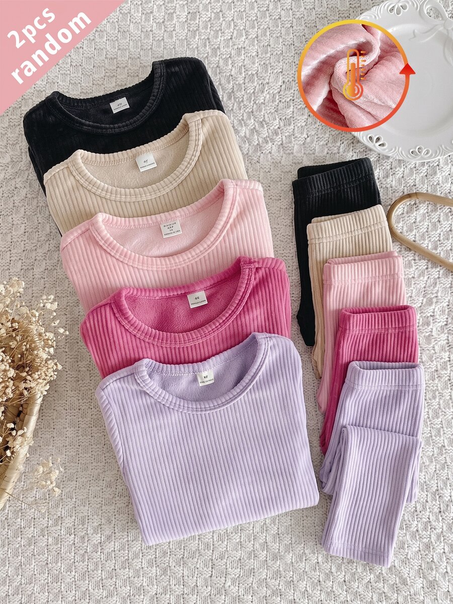 5pcs Randomly Sent 2pcs Autumn/Winter Girls Soft Comfortable Double-Sided Vertical Striped Fleece Pink Deep Pink Khaki Purple Black Multi-Color Randomly Sent Soft Comfortable Simple Long Sleeve Tops 2pcs Set Can Be Worn As Inner Layer Or Outerwear - Multicolor - View 1