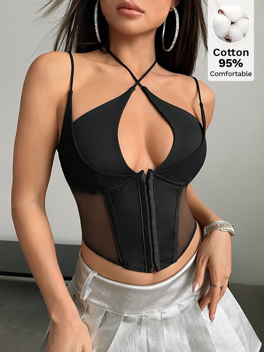 SHEIN ICON 鉤扣式網紗拼接短版細肩帶黑色束腰上衣 - 黑色 - 查看 1