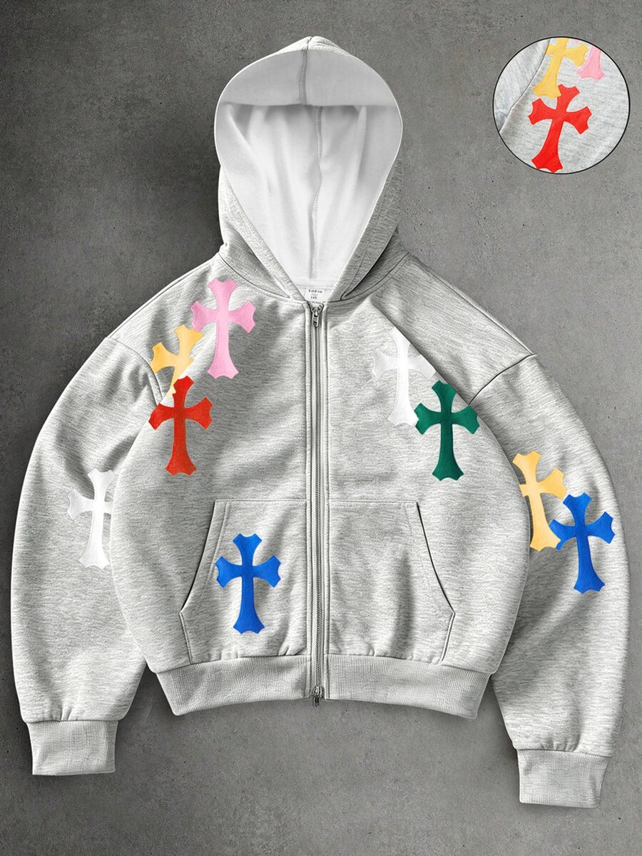 SHEIN Teen Boy Contrast Color Cross Decor Zipper Front Double Pocket Casual Everyday Versatile Long Sleeve Sweatshirt Jacket - Grey - View 1