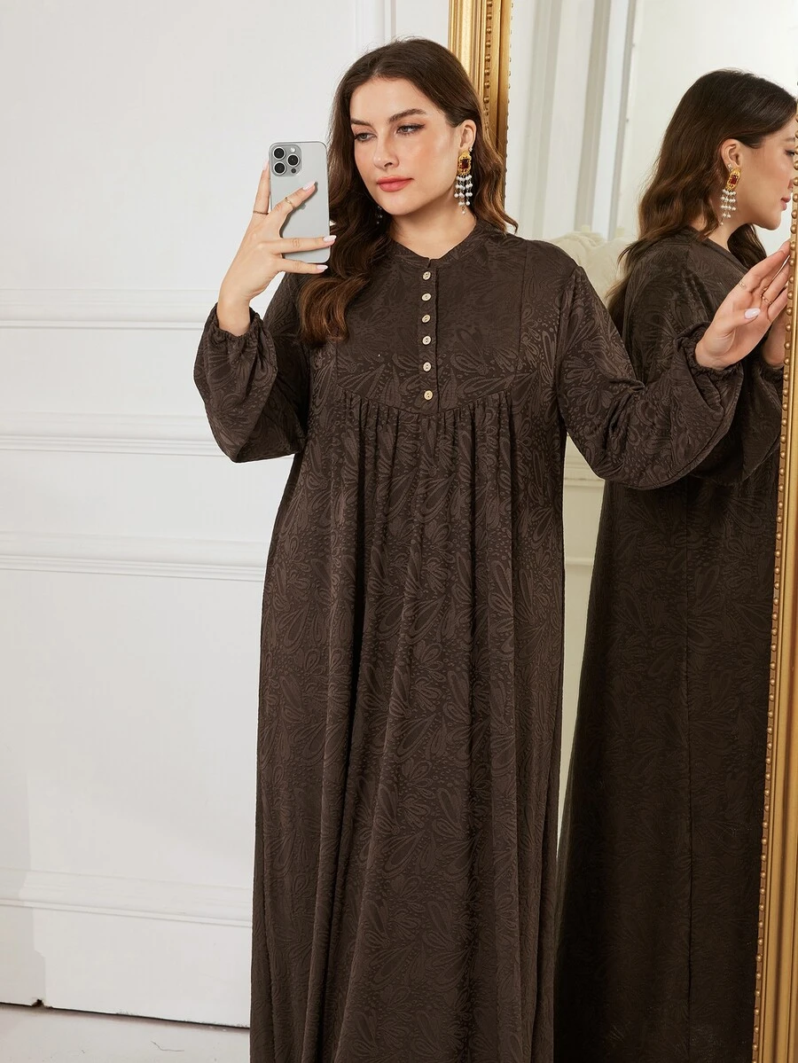 Al Najma Minimalist Casual Knit Jacquard Stand Collar Long Sleeve Loose Regular Fit Spring Autumn Plus Size Women Arabian Dress - Chocolate Brown - View 1