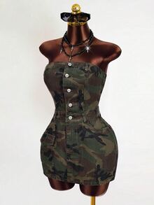 Mistrie Women's Outdoor Street Fashion Strapless Button-Front Multi-Pocket Camouflage Army Green Sexy Denim Dress - Army Green - View 4
