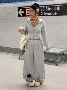 StreetHx Women's Casual Street Daily Light Gray Comfortable - Jacket + Pants - Autumn/Winter Mix & Match Free - Sports Campus Two Pieces Sweatshirt Set - Grey - View 3