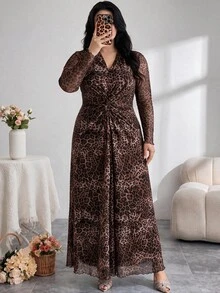 Feyla فستان نسائي مقاس كبير بياقة على شكل حرف V وطبعة نمر ضيق مثير بأكمام طويلة - متعدد الألوان - مشاهدة 5