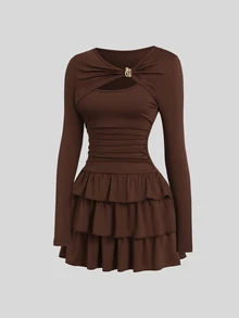 SHEIN Sweetro Spring Autumn Winter French Elegant Round Neck Asymmetric Twist Metal Decor Slimming Pleated Cocktail Cake Dress For Women - Coffee - View 1