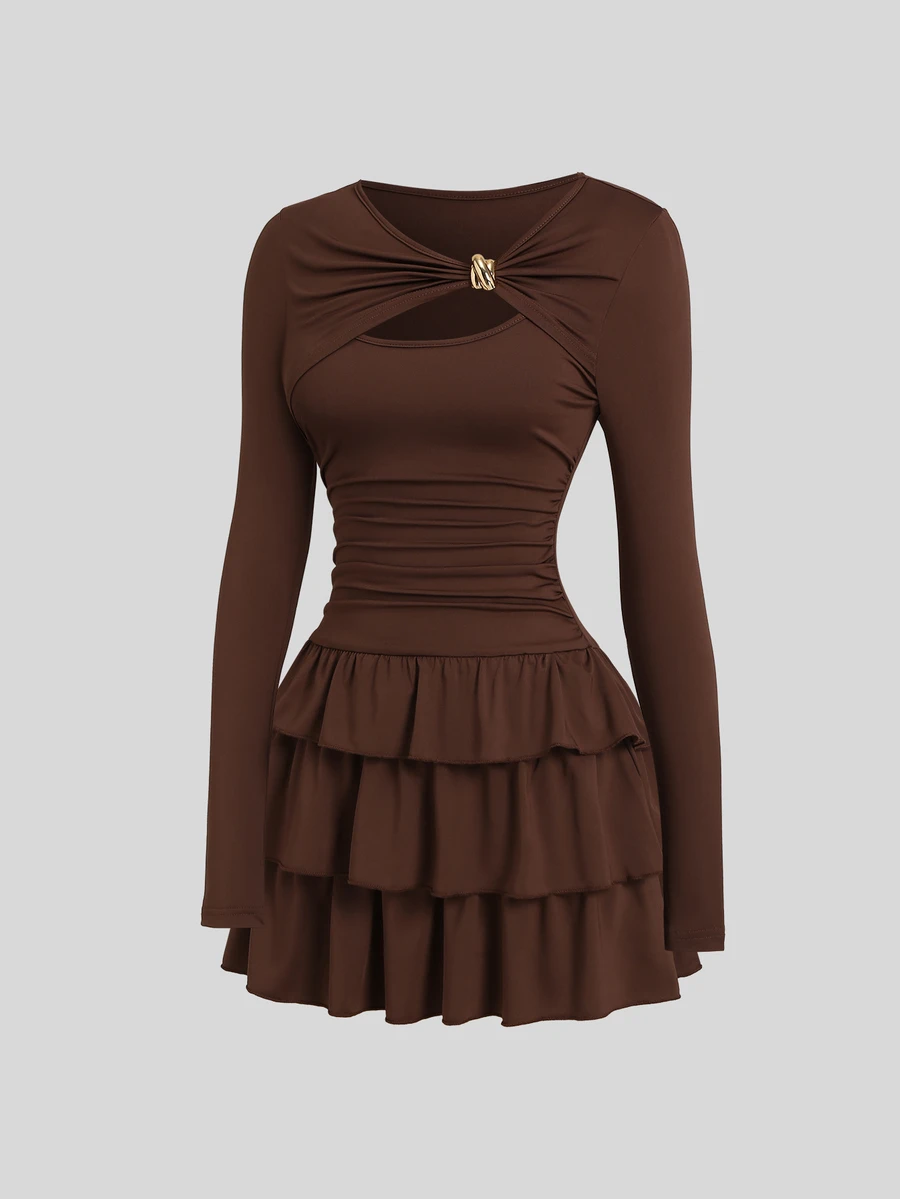 SHEIN Sweetro Spring Autumn Winter French Elegant Round Neck Asymmetric Twist Metal Decor Slimming Pleated Cocktail Cake Dress For Women - Coffee - View 1