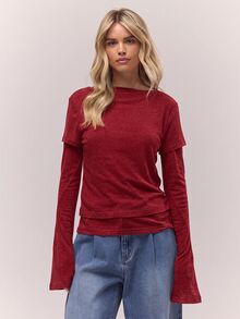MUSERA Double Layered "" Graphic Longsleeve Top  Coolgirl Cosy Cute Outdoors Explorer Spring Summer Holiday Casual - Red - View 1