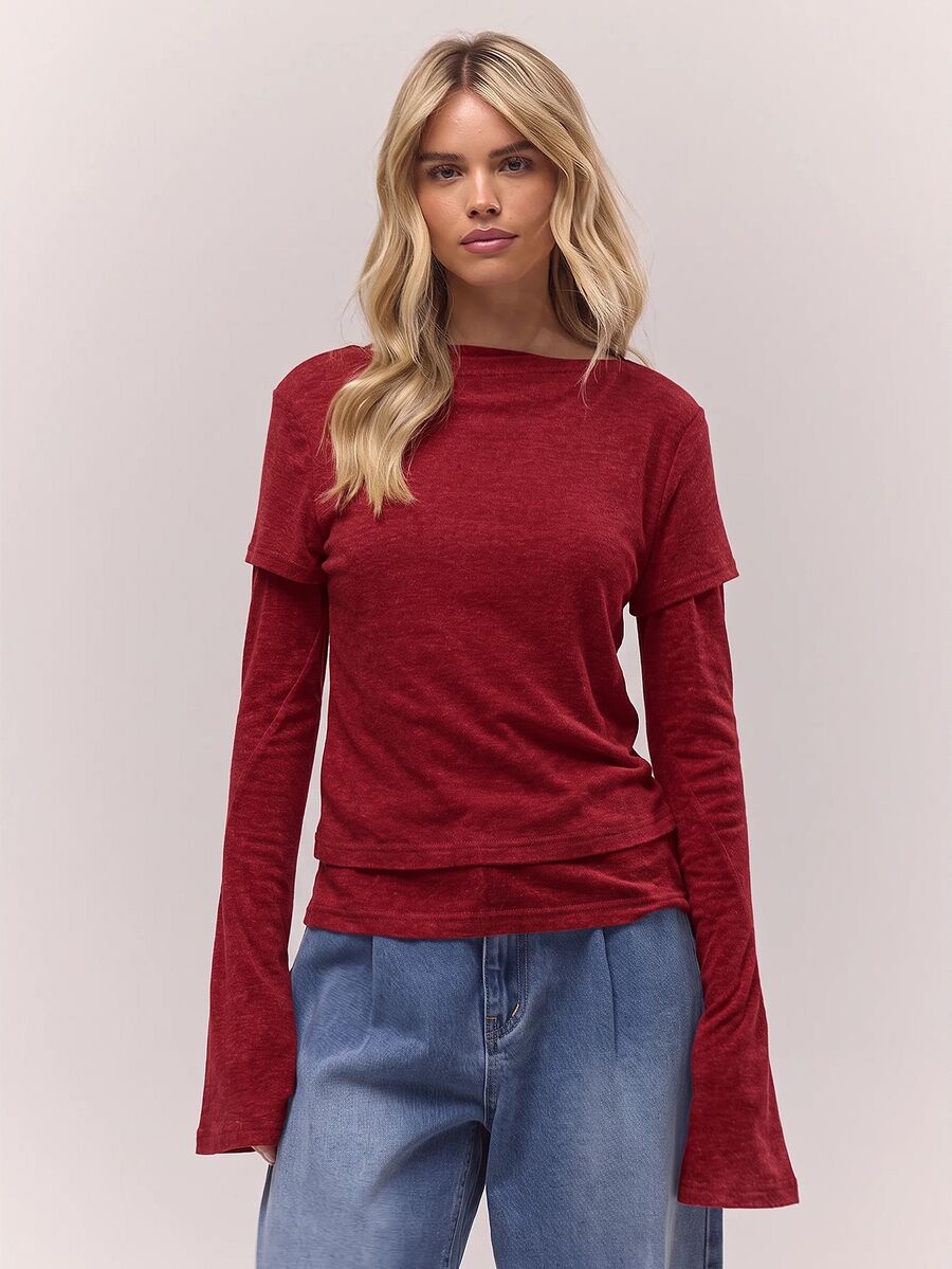 MUSERA Double Layered "" Graphic Longsleeve Top Coolgirl Cosy Cute Outdoors Explorer Spring Summer Holiday Casual - Red - View 1