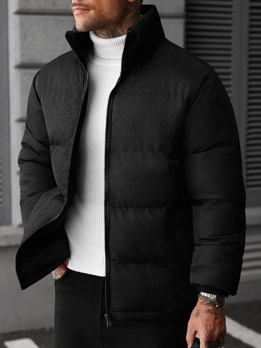 SLATEMANN Men's Zipper Long Sleeve Solid Color Winter Padded Coat - Black - View 1