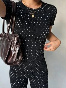 SHEIN Dewbera Women's Polka Dot Print Round Neck Short Sleeve Top & Long Pants Sports Set - Black - View 4